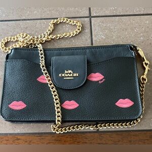 Coach Black Leather Crossbody with Pink Kiss Prints and Gold Chain